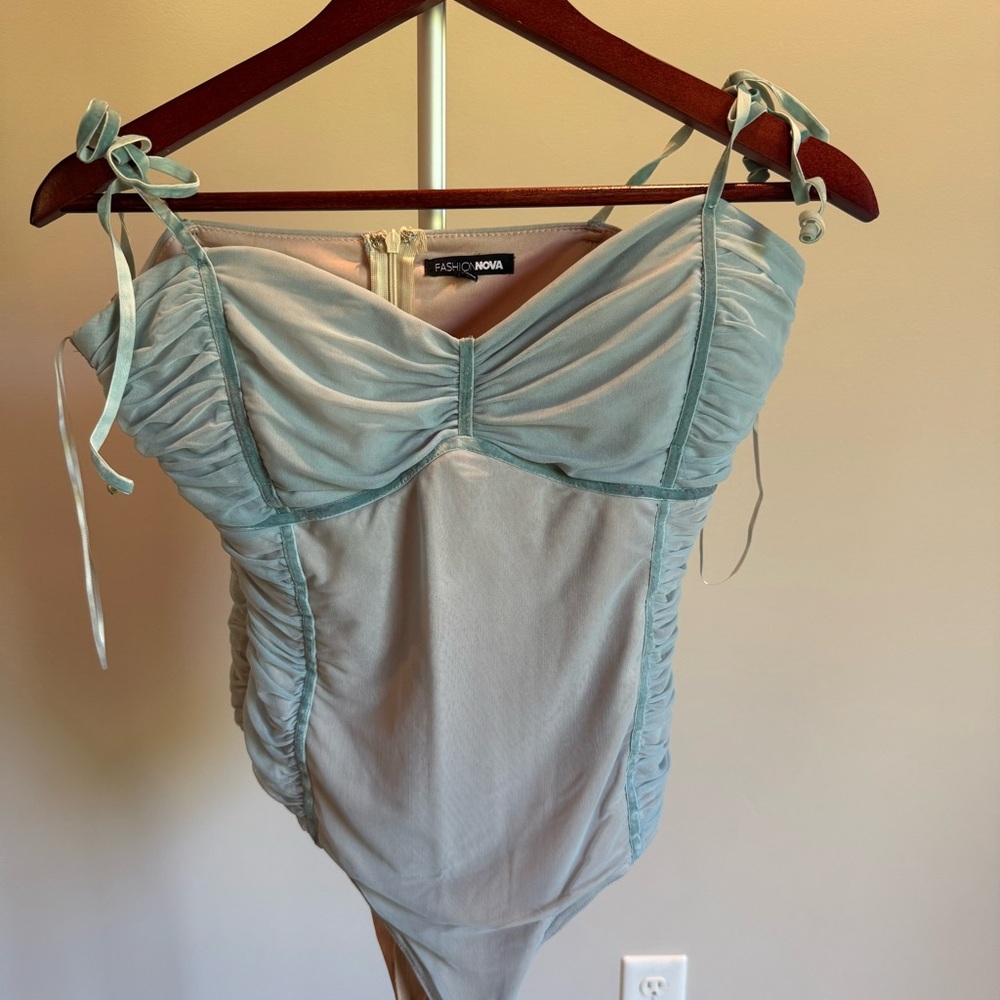 Fashion Nova Blue Bodysuit with Ruched Details